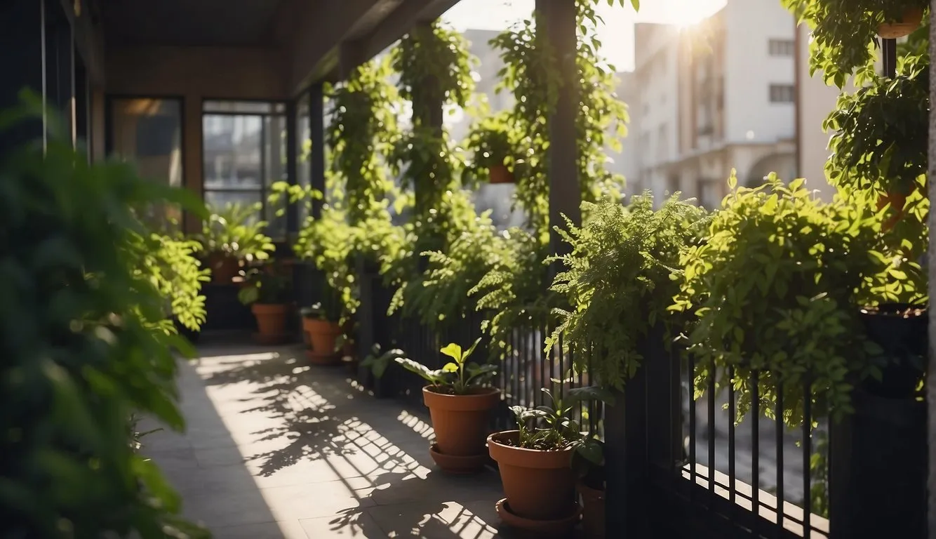 Lush green plants fill the balcony, their fragrant blooms filling the air. Sunlight filters through the leaves, casting dappled shadows on the vibrant scene