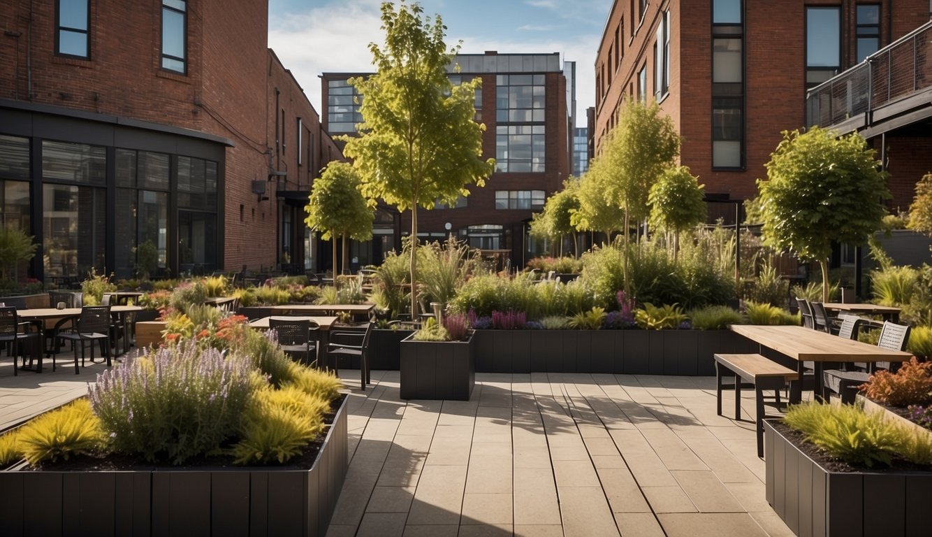 A rooftop garden with wheelchair ramp, wide pathways, and raised planters for easy access. Tables and chairs provide seating for all