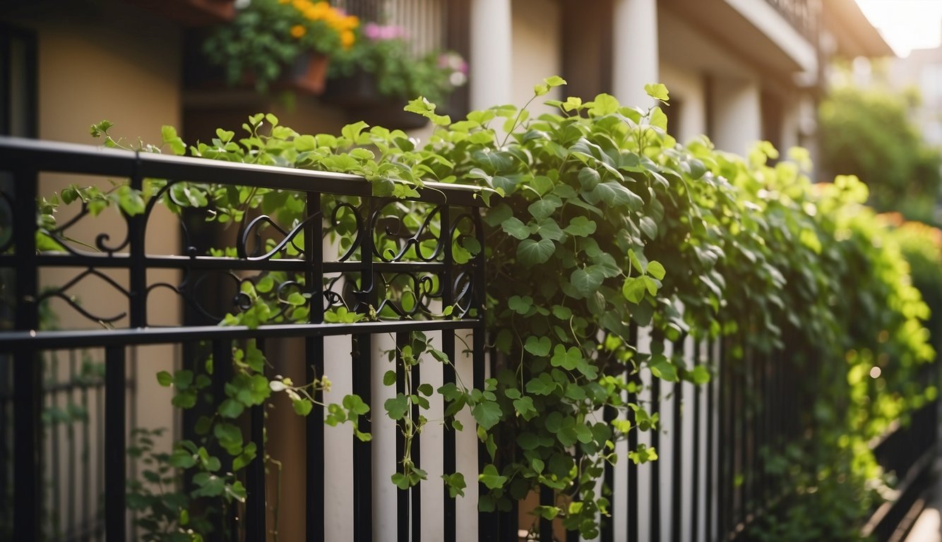 Lush green vines wind around a metal trellis on a small balcony. Colorful flowers peek out from the foliage, creating a vibrant and inviting garden space