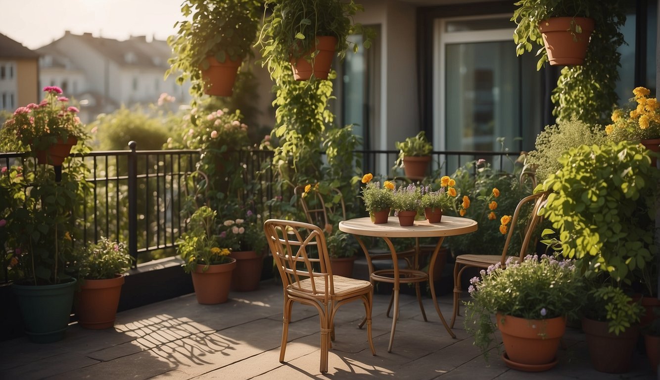A balcony garden with a trellis covered in climbing plants, surrounded by potted flowers and herbs. A small table and chairs provide a cozy seating area