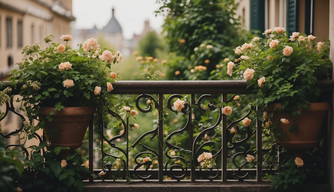 A lush garden on a balcony with intricate trellis designs, filled with blooming flowers and climbing vines