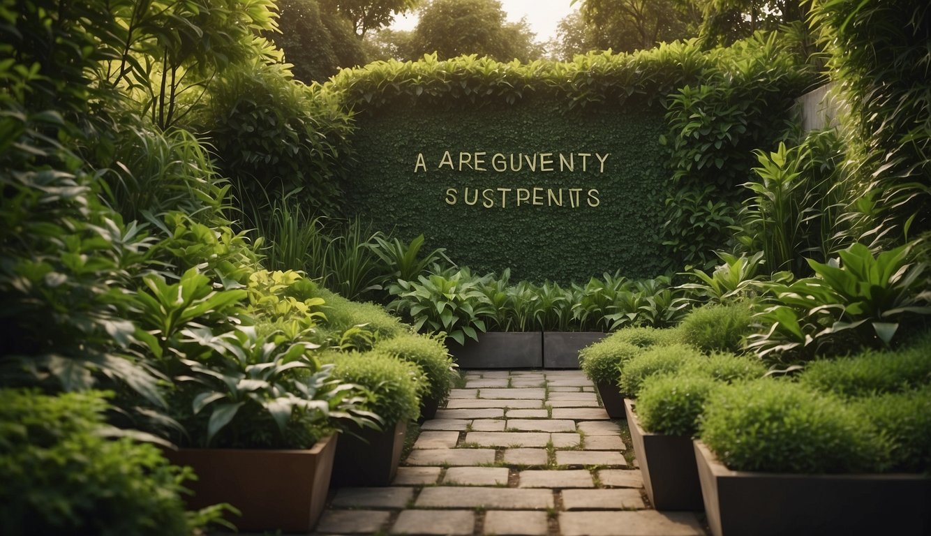 A lush garden with various green plants, creating a natural privacy screen. A sign reads "Frequently Asked Questions Sustainable Privacy Screening Plants."