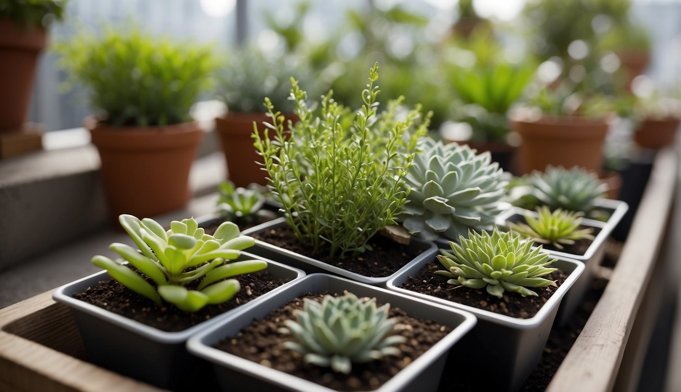 A variety of plants are neatly arranged in apartment roof garden kits, with care tools and instructions nearby