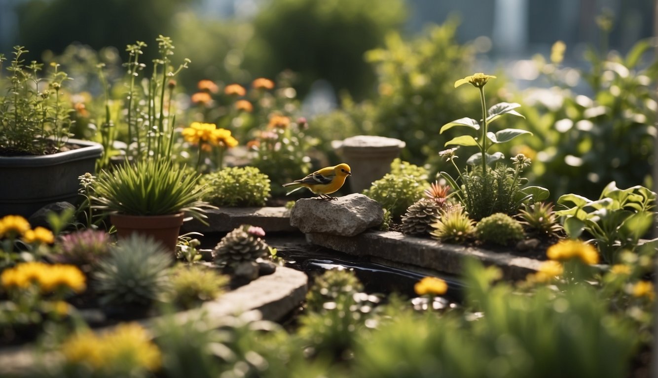Lush rooftop garden with diverse wildlife, including birds, butterflies, and insects. Various plants, trees, and a small pond create a thriving ecosystem