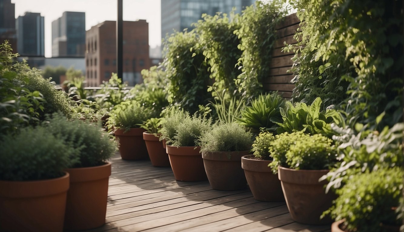 Lush greenery fills the rooftop garden with raised beds and potted plants. A cozy seating area provides a peaceful retreat