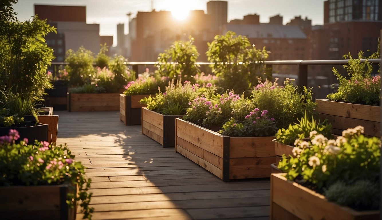 Lush green plants and colorful flowers fill the rooftop garden, surrounded by wooden planter boxes and cozy seating areas. The sun shines down, casting a warm glow over the peaceful urban oasis