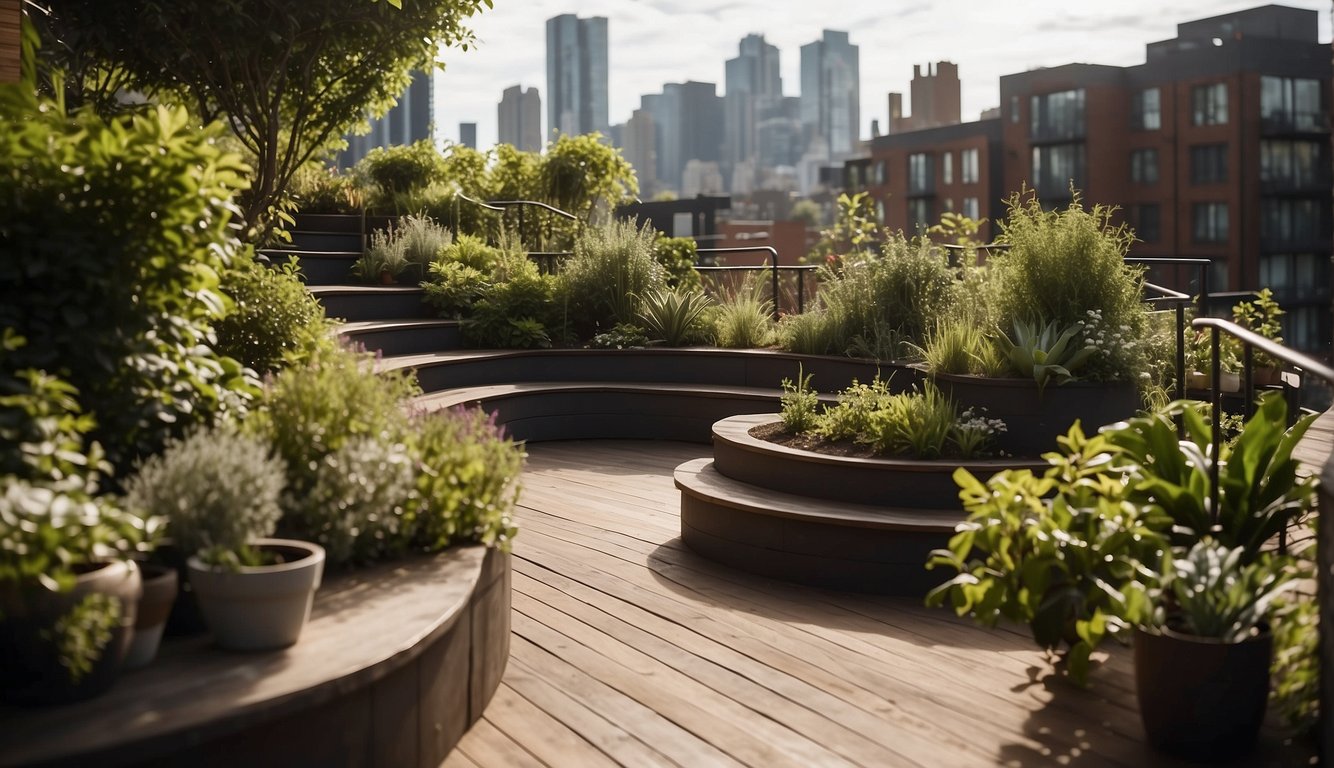 The apartment roof garden is easily accessible with wide, sturdy stairs and a clear pathway. The space is filled with lush greenery and comfortable seating areas, providing a peaceful retreat in the heart of the city
