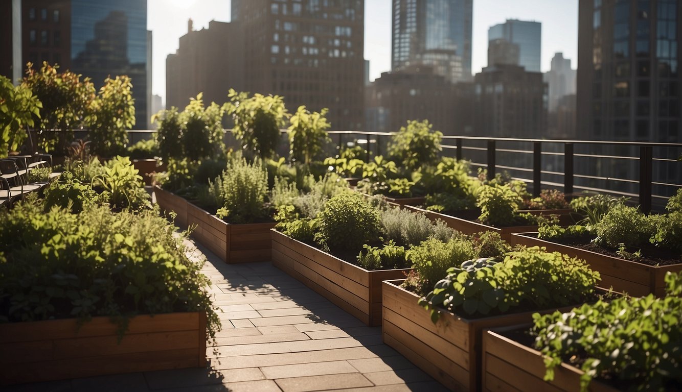 Lush rooftop garden with raised planters, irrigation system, and seating area. Sunlight filters through tall buildings, creating a peaceful urban oasis