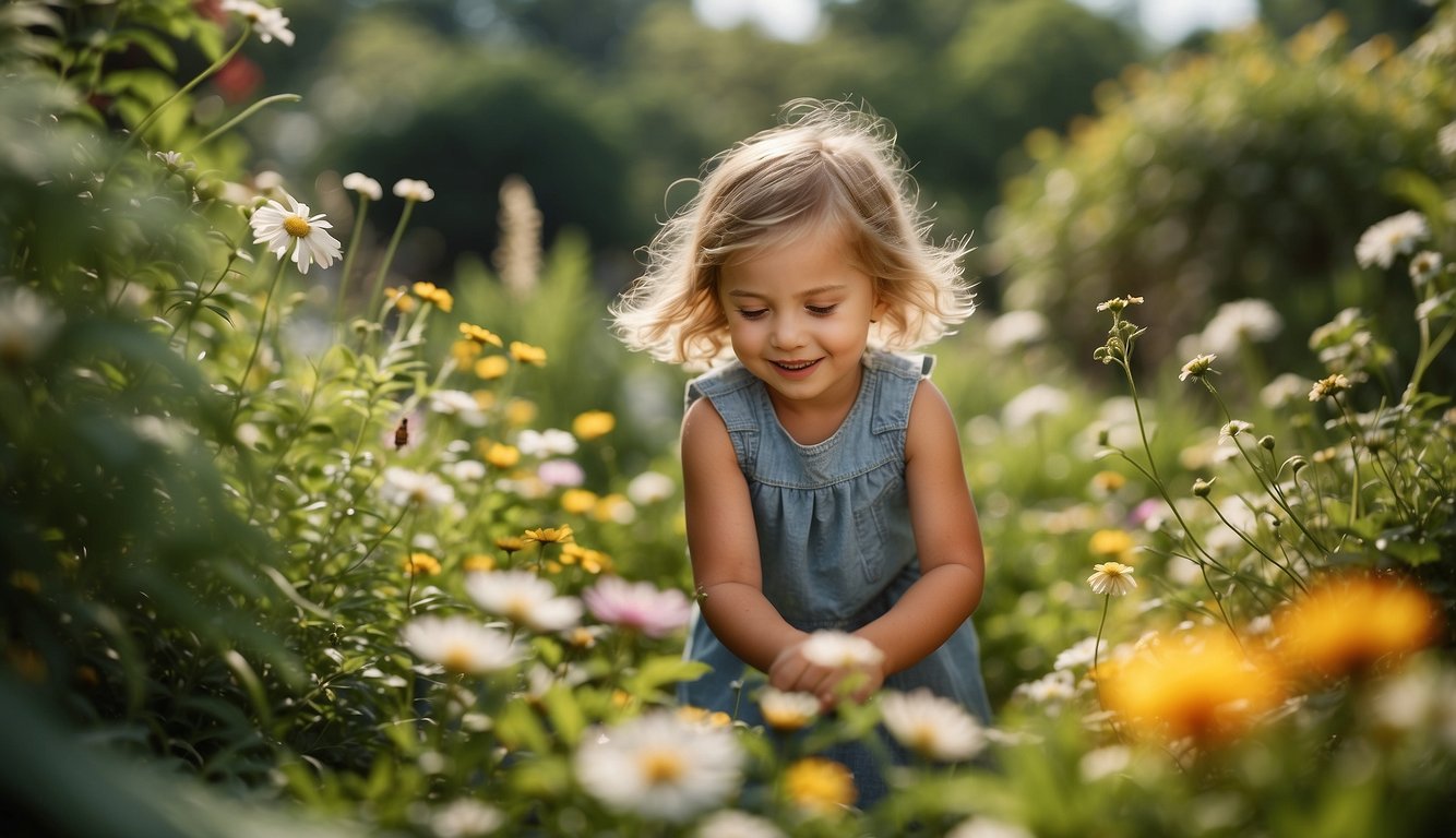 Children playing in a garden, surrounded by blooming flowers and lush greenery, while natural insect repellents create a protective barrier around them