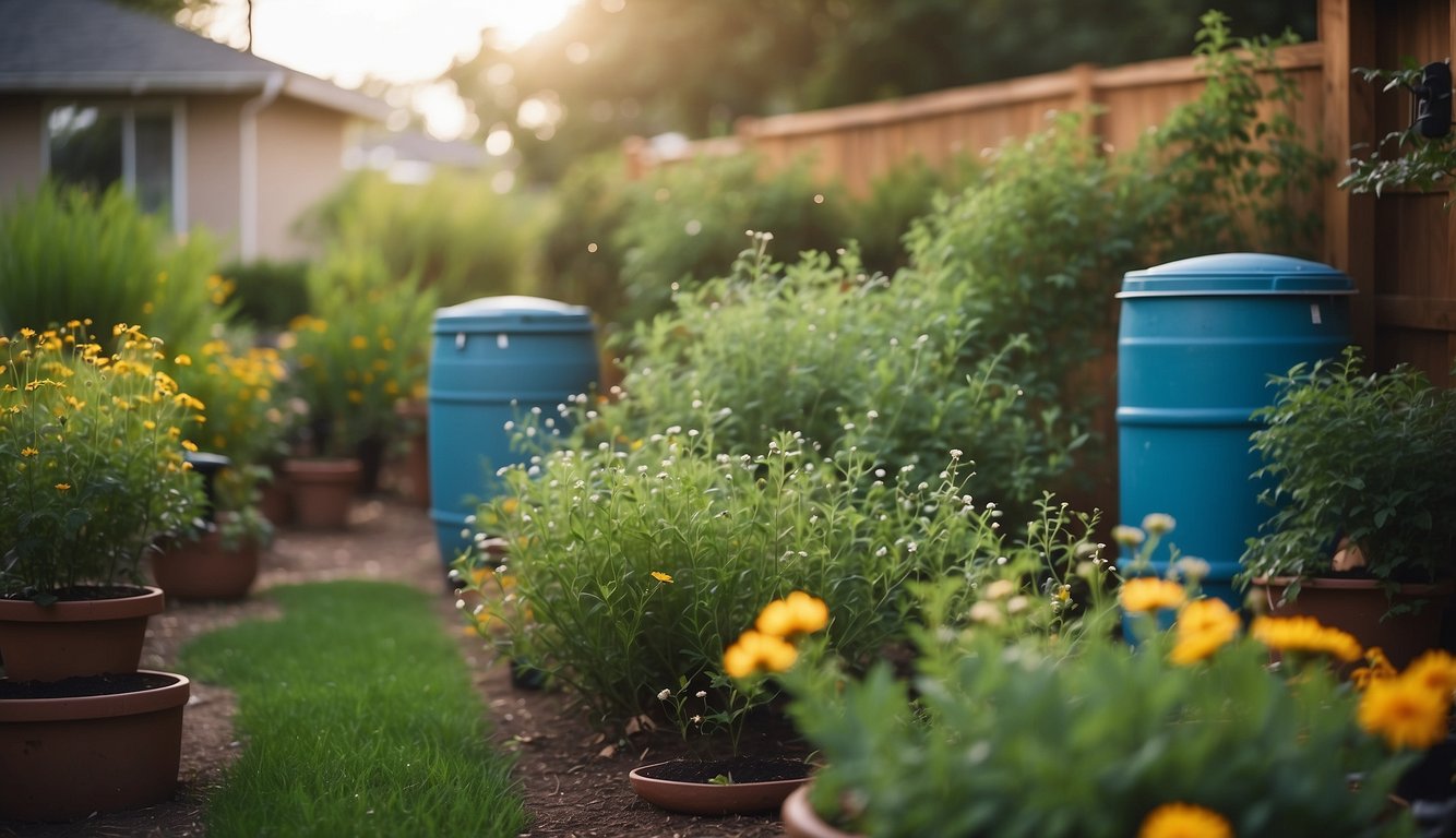 An urban garden with rain barrels, drip irrigation, and native plants conserving water