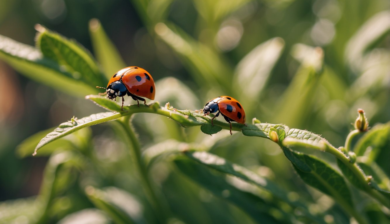 A garden with ladybugs and praying mantises eating pests off plants