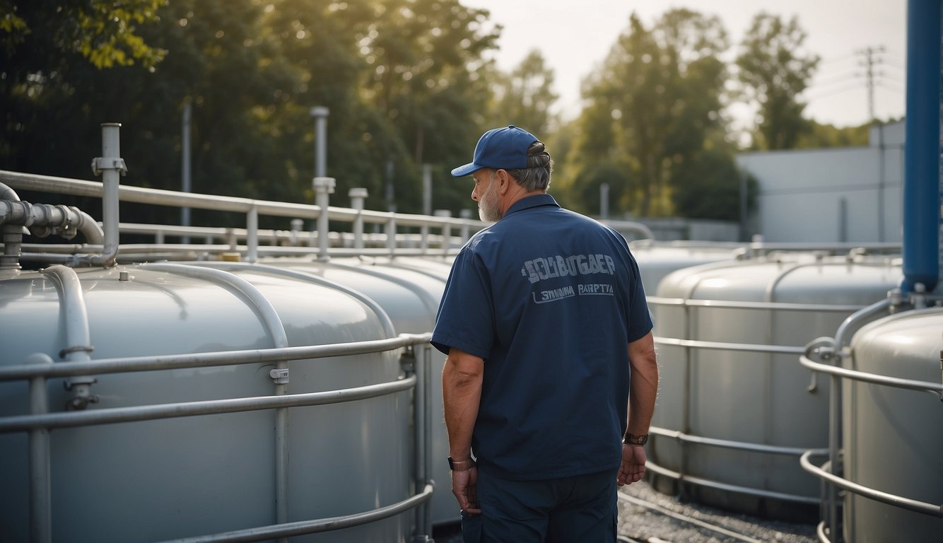 A technician inspects a large rainwater collection tank in an urban setting, surrounded by pipes and valves. The tank is clean and well-maintained, with a quality control label displayed prominently