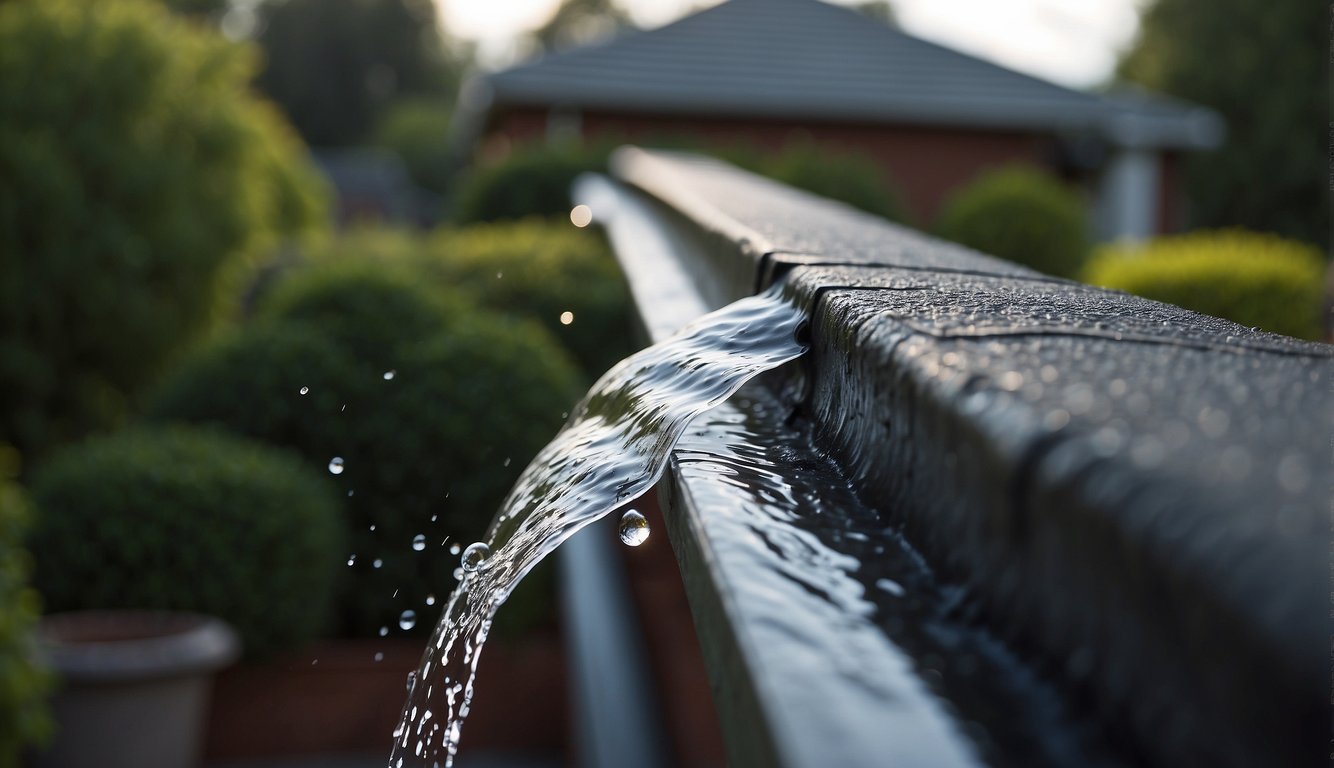 Rainwater flows from rooftops into gutters, then into large barrels. Overflow pipes lead to gardens and lawns