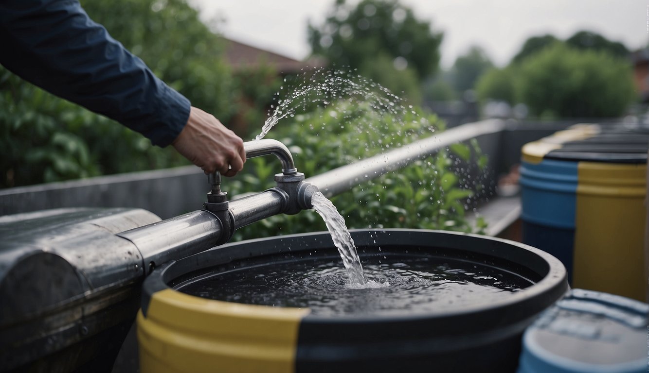 Rainwater flows from rooftops into large barrels. A person uses a hose to water plants from the barrels