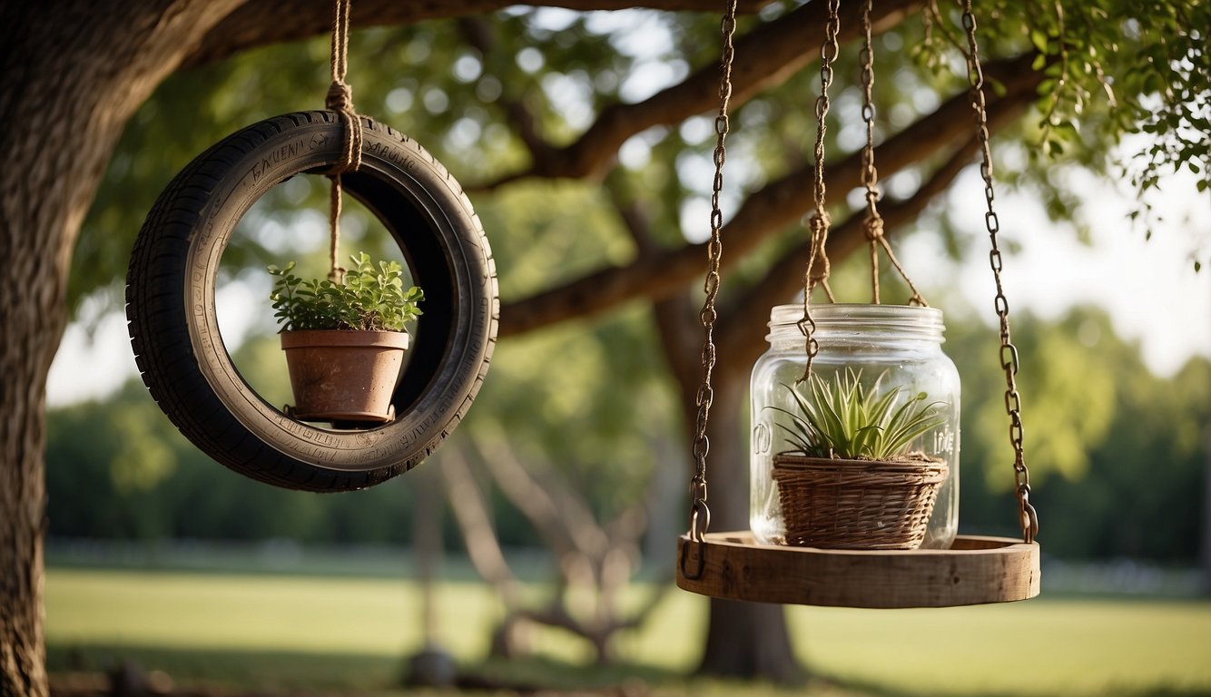 Everyday items like old tires, wooden crates, and mason jars are repurposed into unique outdoor decor. A tire swing hangs from a tree, a crate serves as a planter, and mason jars are transformed into hanging lanterns