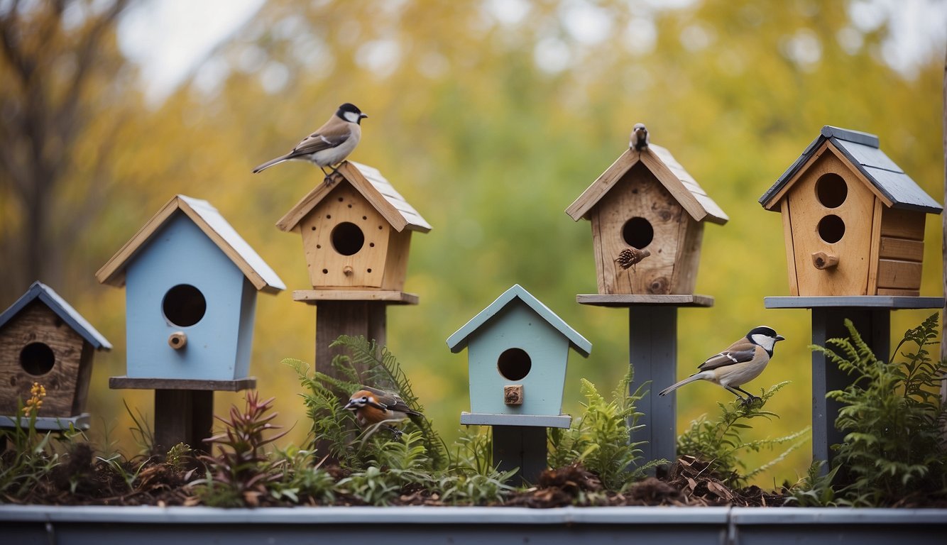 A variety of wildlife habitats on an apartment roof, including birdhouses, feeders, and a small pond, attract a diverse array of animals