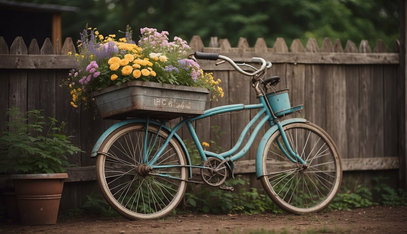 A vintage bicycle planter filled with cascading flowers sits against a weathered wooden fence, surrounded by repurposed metal garden tools and old watering cans