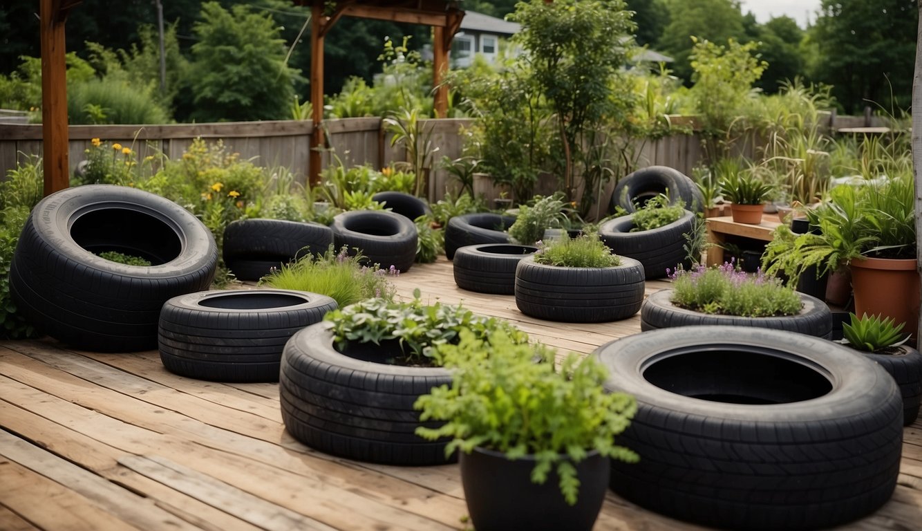 A garden filled with upcycled items like old tires turned into planters, and repurposed wooden pallets used as outdoor furniture
