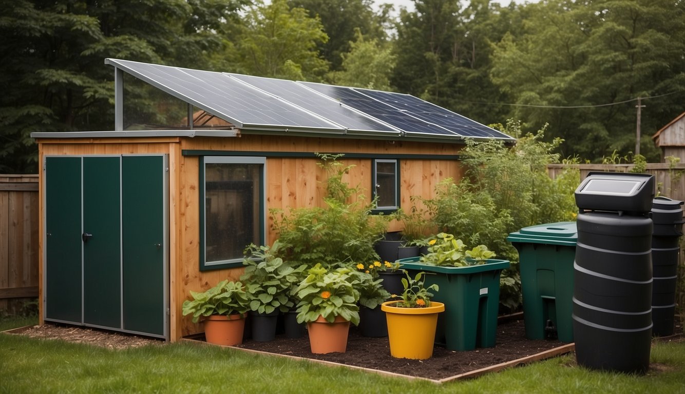 A backyard garden with compost bins, rain barrels, and a recycling station. Solar panels on the roof power a small greenhouse