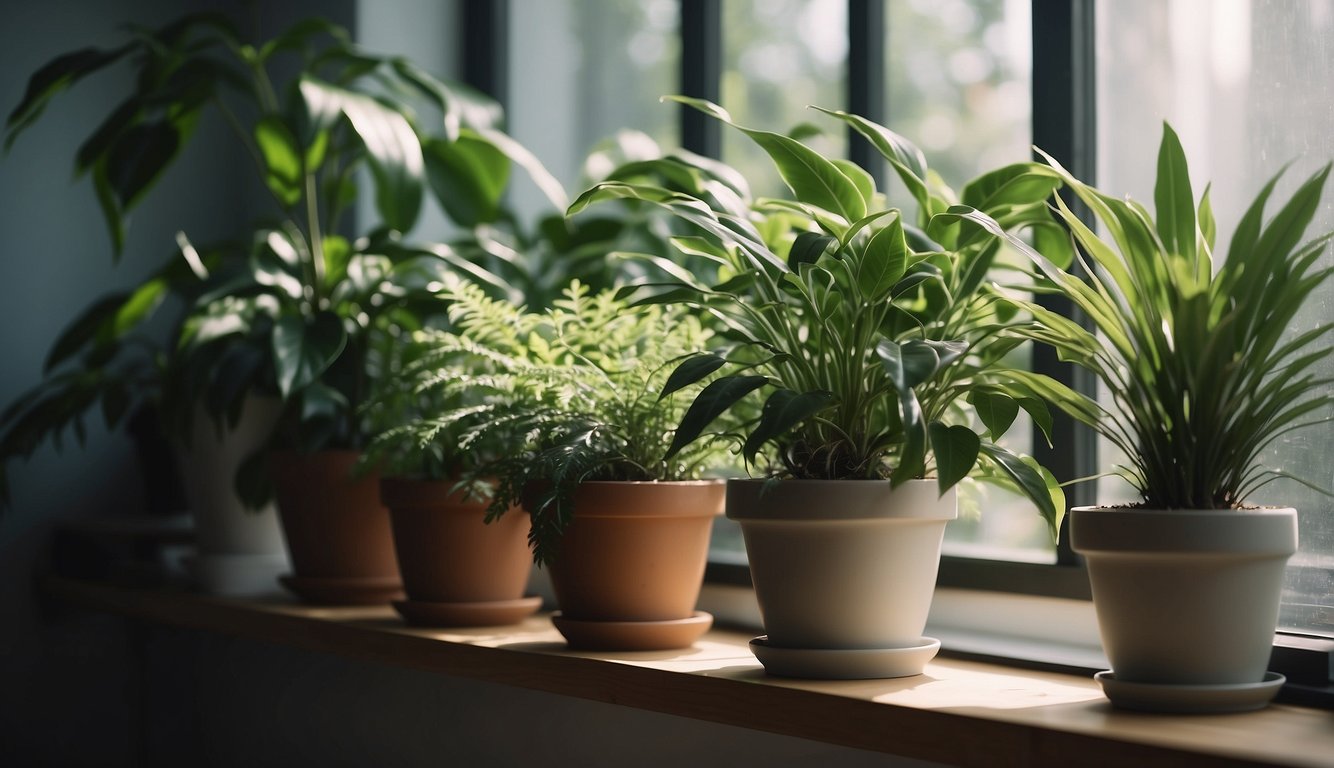 Lush green indoor plants purify the air in a sunlit room. Dust-free leaves and a serene atmosphere