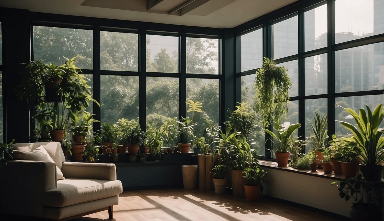 A room with plants, air purifiers, and open windows. Pollutants like smoke and dust are being filtered out, while fresh air flows in