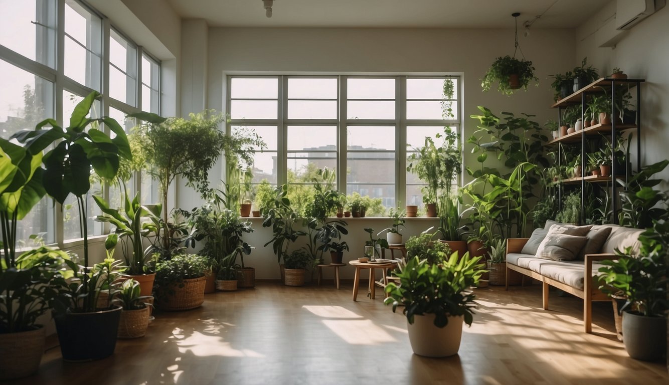 A room with plants, open windows, and air purifiers. Clean, fresh air circulates as people go about their daily activities