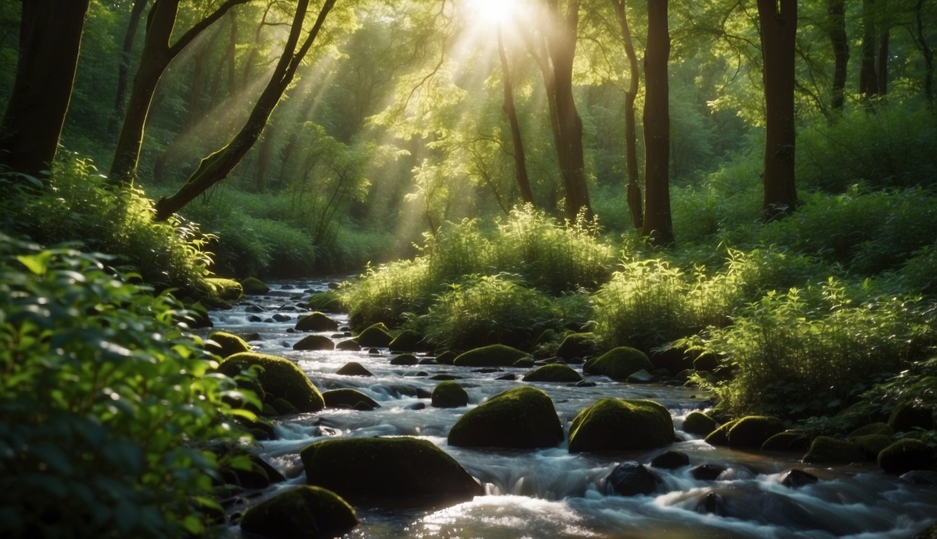 A lush, green forest with clean, fresh air. A stream flows through, and birds sing in the trees. The sun shines through the leaves, creating a peaceful and healthy environment