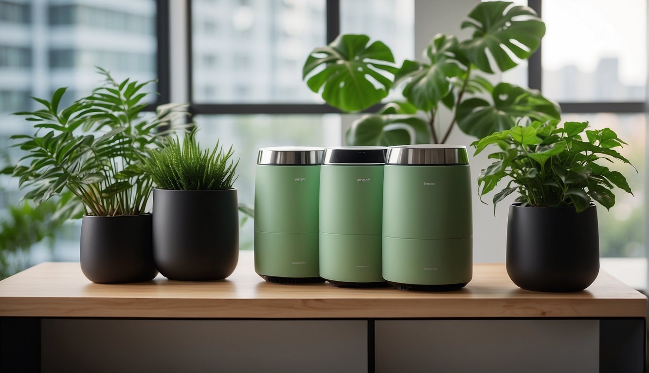 Three green air purifiers sit atop a wooden shelf in a modern apartment, surrounded by plants and natural light