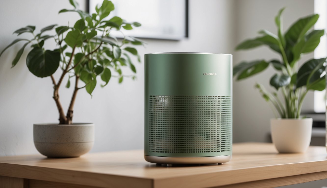 A hand reaches for a sleek, modern air purifier on a clean, minimalist countertop in a bright, airy apartment. The purifier's green accents stand out against the neutral background