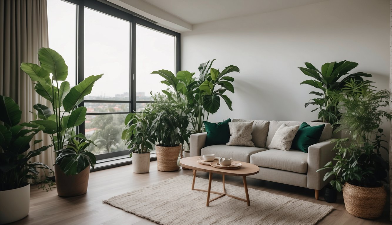 A modern apartment with lush green plants and a sleek air purifier, creating a healthy and clean living environment