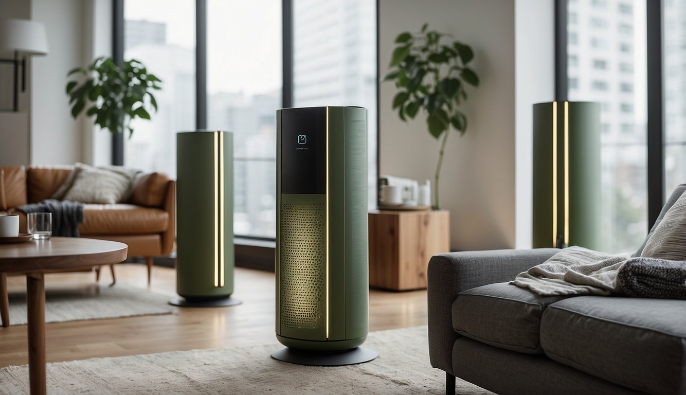 A modern living room with two sleek, green air purifiers placed strategically to purify the air. The room is well-lit with natural light streaming in through large windows