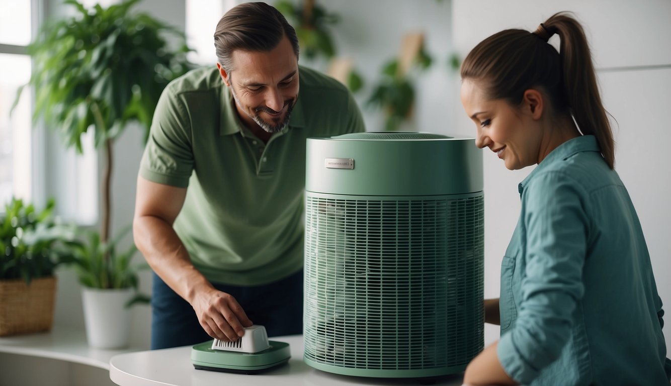 A person cleaning and replacing the filters of a green air purifier in a modern apartment