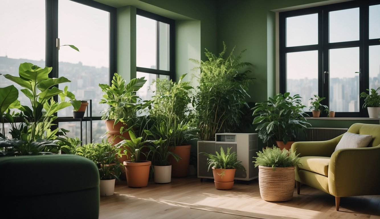 A green apartment with air purifiers, surrounded by plants and open windows. Clean, fresh air fills the space, creating a peaceful and healthy environment