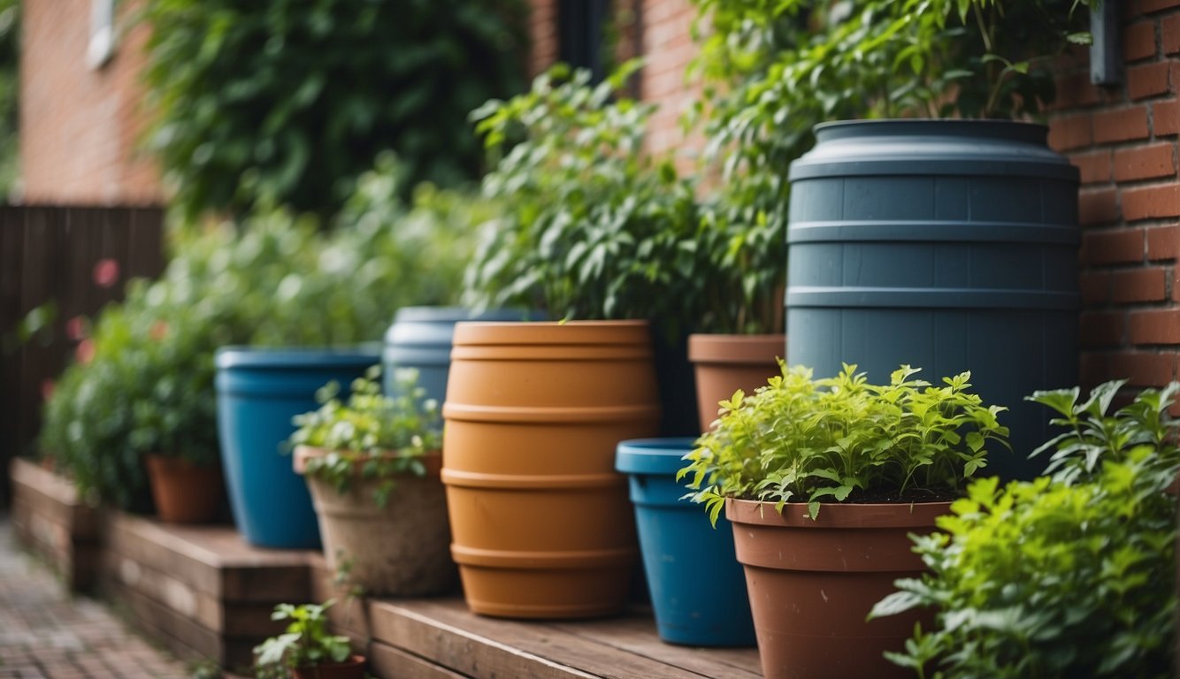 Rain barrels collect water in an urban garden. Gutters lead to the barrels, surrounded by lush greenery and potted plants
