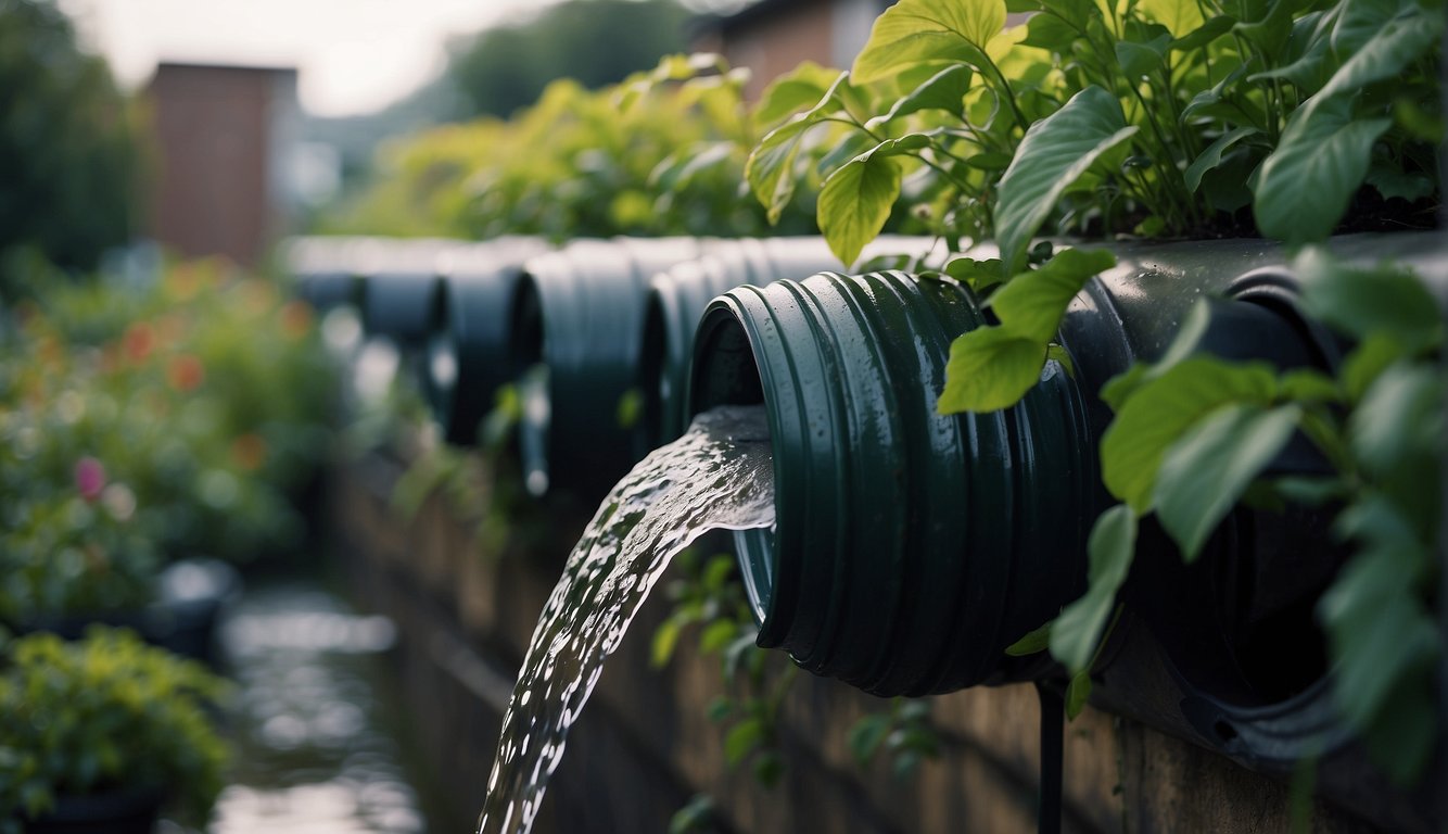 Rainwater flows from rooftop gutters into large barrels. Pipes connect the barrels to irrigation systems in lush urban gardens. Green plants thrive under the water's nourishing touch