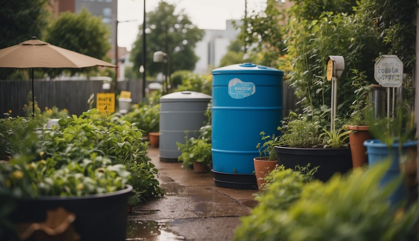An urban garden with rain barrels collecting water, surrounded by signs indicating water conservation regulations and environmental considerations