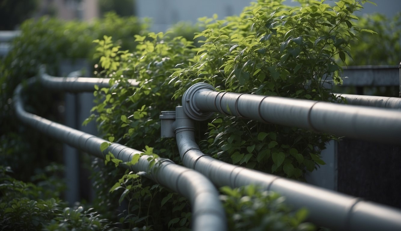 A network of pipes collects rainwater from rooftops and directs it to a large tank. The water is then filtered and used to irrigate the lush greenery in the urban garden