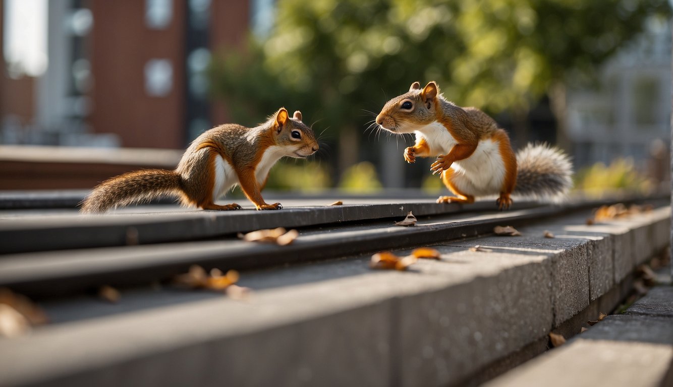 Birds and squirrels navigate rooftop obstacles to reach food sources, evading urban predators