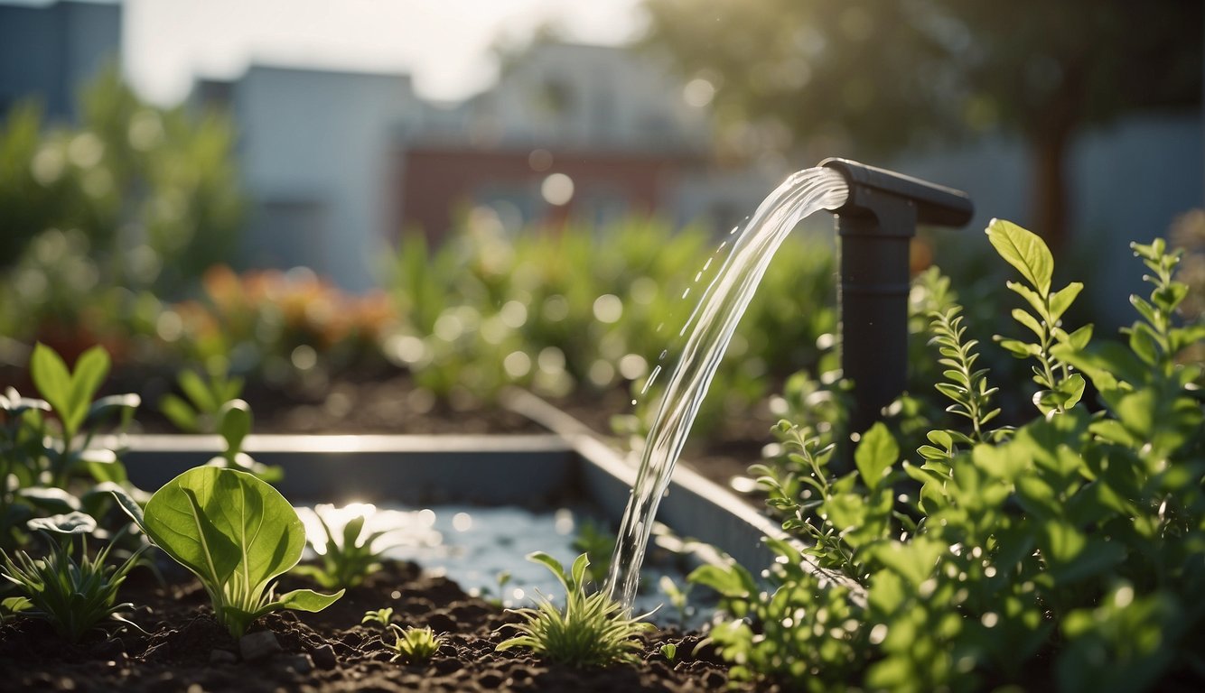 An urban garden with drought-resistant plants being watered by a system that collects and recycles rainwater, showcasing the importance of water scarcity and reuse