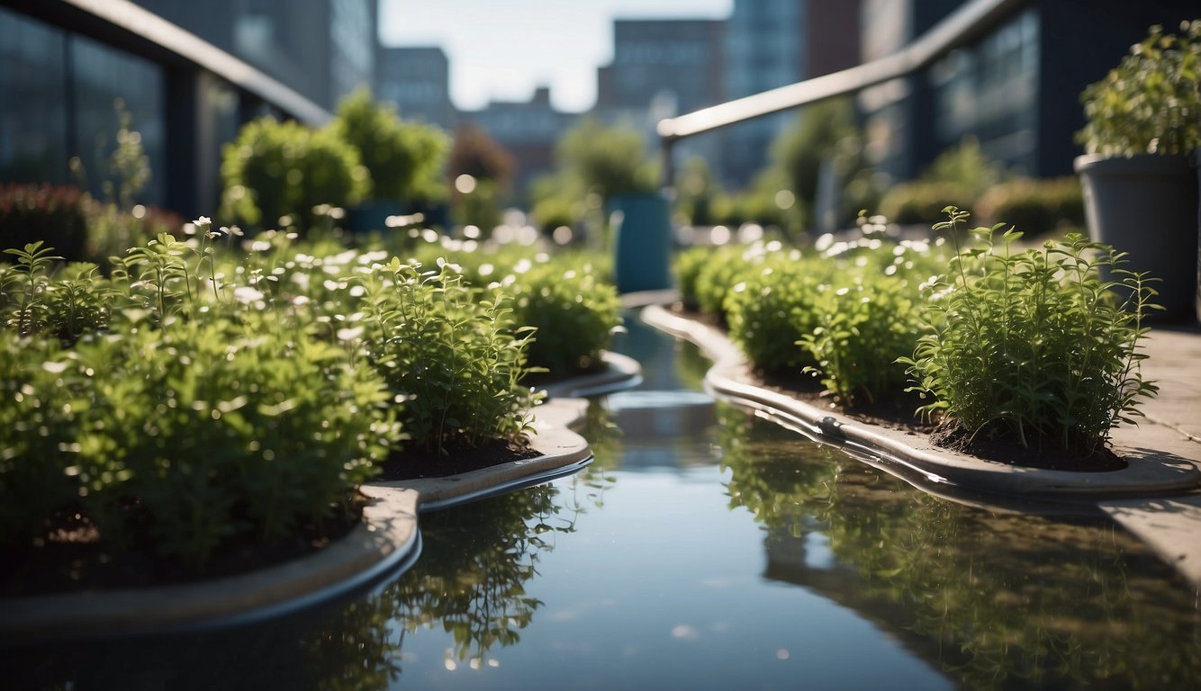 A modern urban garden with water recycling technology in action