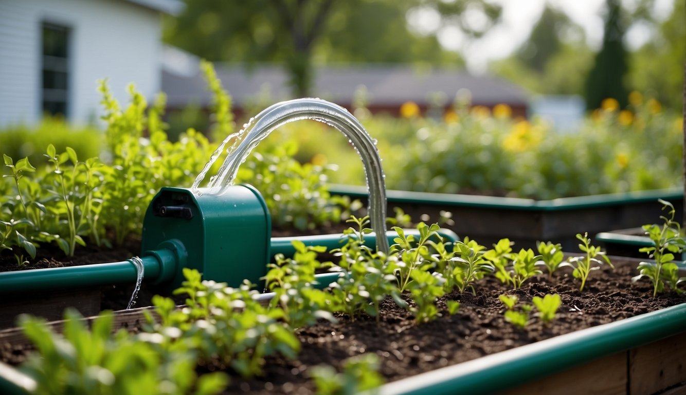 A garden hose pumps reclaimed water into raised beds, surrounded by greenery. Nearby, a rain barrel collects runoff from the roof