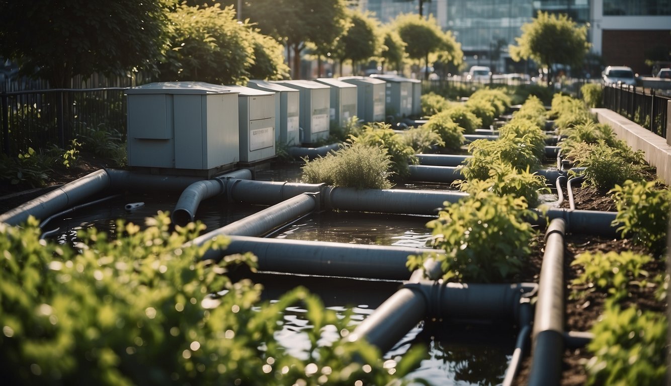 A bustling urban garden with water recycling systems, surrounded by regulatory documents and challenges in wastewater management