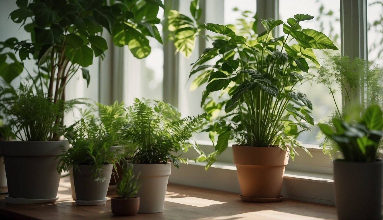 Lush green plants fill a sunlit room, purifying the air with their natural filtration system. A gentle breeze moves through the leaves, creating a serene and refreshing atmosphere