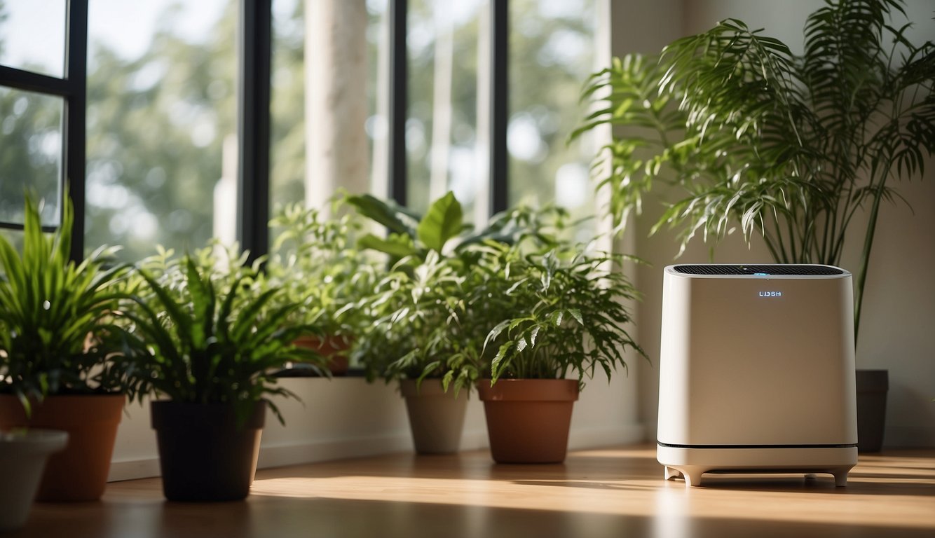 Lush green plants fill a sunlit room, purifying the air. A modern air purifier sits in the corner, surrounded by thriving foliage
