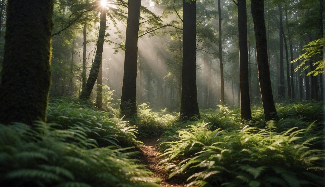 A lush forest with clean air being filtered by a modern, eco-friendly air filtration system. The air is visibly purified and the surrounding environment is thriving