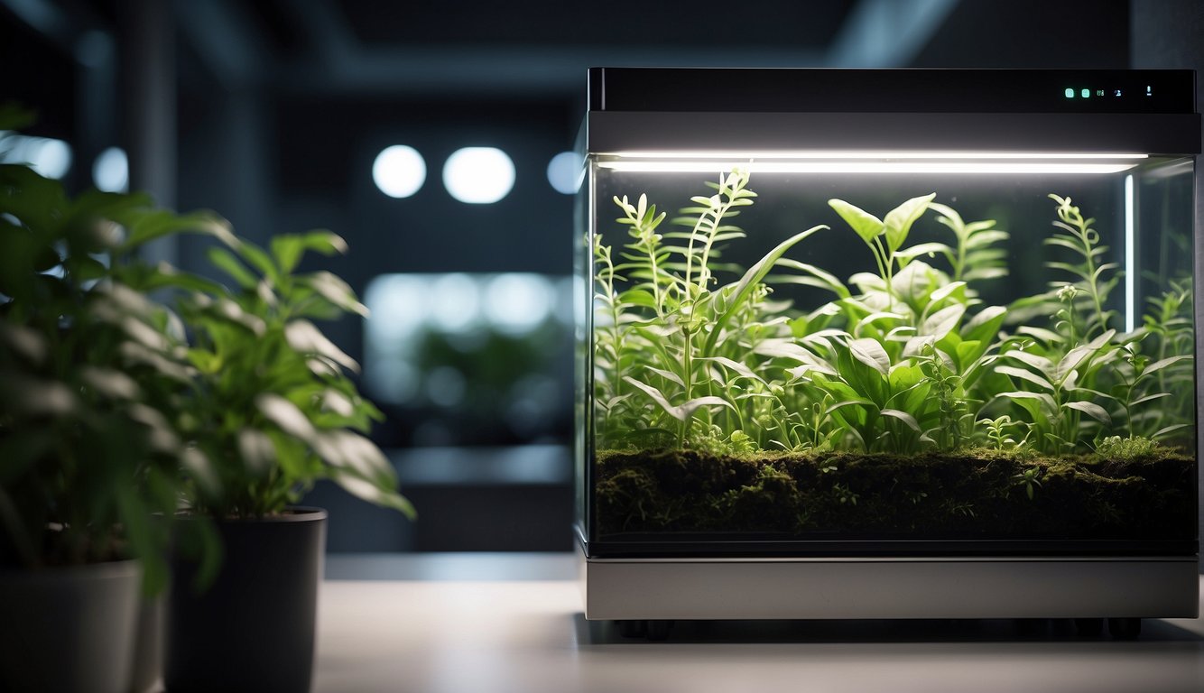 A modern, sleek air filtration system with green plants and clean, purified air flowing through it
