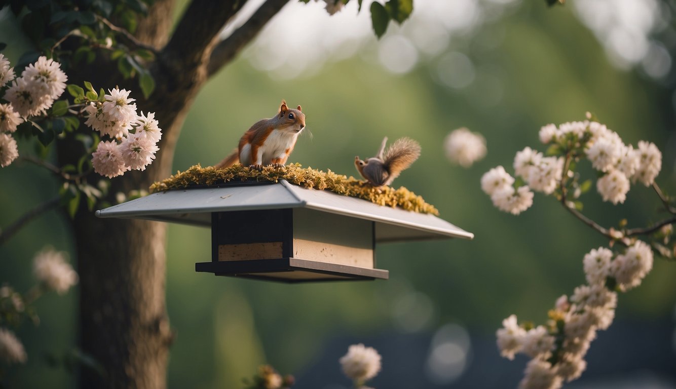 The apartment roof is bustling with wildlife. Birds and squirrels gather around the bird feeders, while butterflies flutter around the blooming flowers
