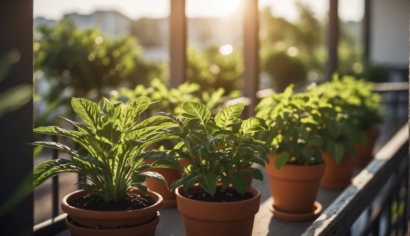 Lush green plants thrive in small containers on a sunny balcony. Drip irrigation system waters them efficiently. Sunlight streams through the railing
