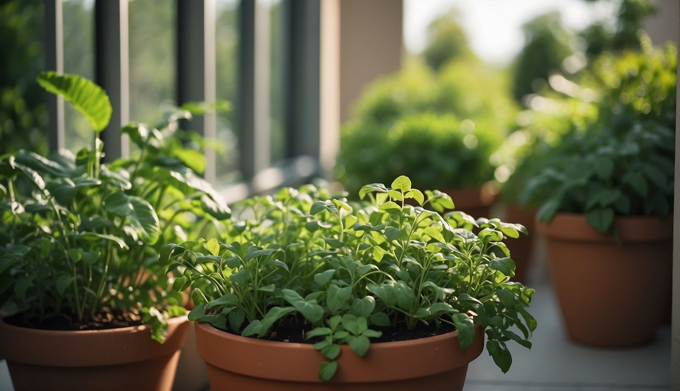 Lush green plants thrive in a small balcony garden. Drip irrigation system waters the plants. A sign reads "Frequently Asked Questions Water-Efficient Balcony Gardening."