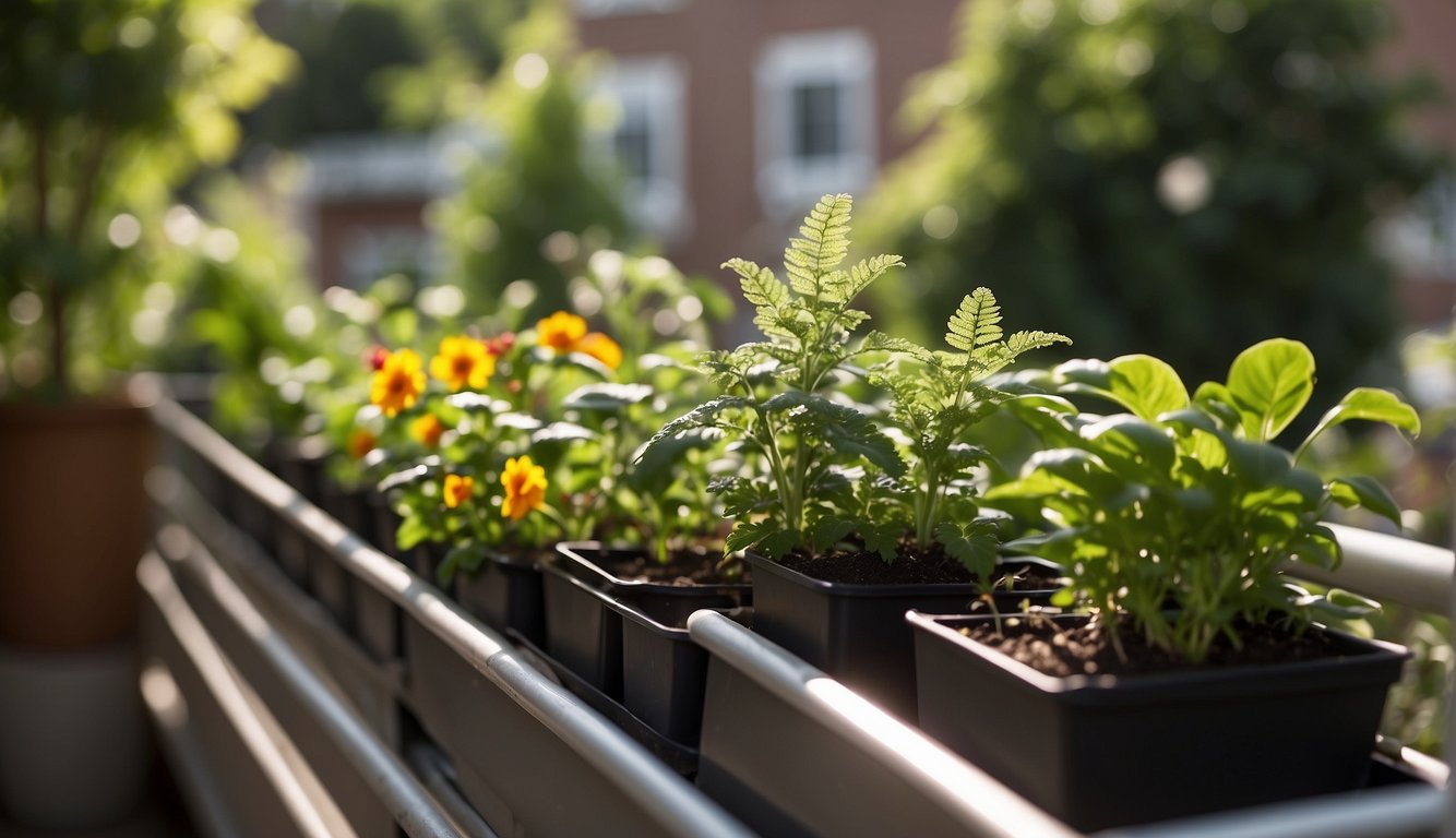 Lush green plants and colorful flowers thrive in a compact balcony garden. Drip irrigation system conserves water, while recycled materials are used for planters